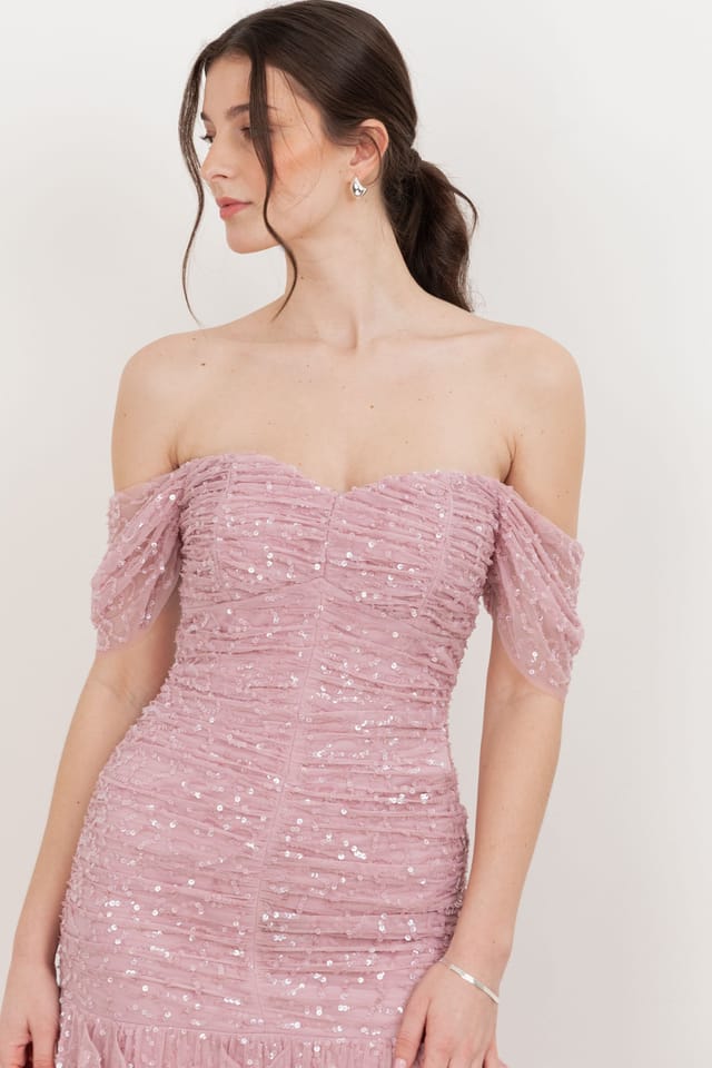 Maya Deluxe Maya Deluxe Women's Embellished Bardot Maxi Dress in Light Pink - 3