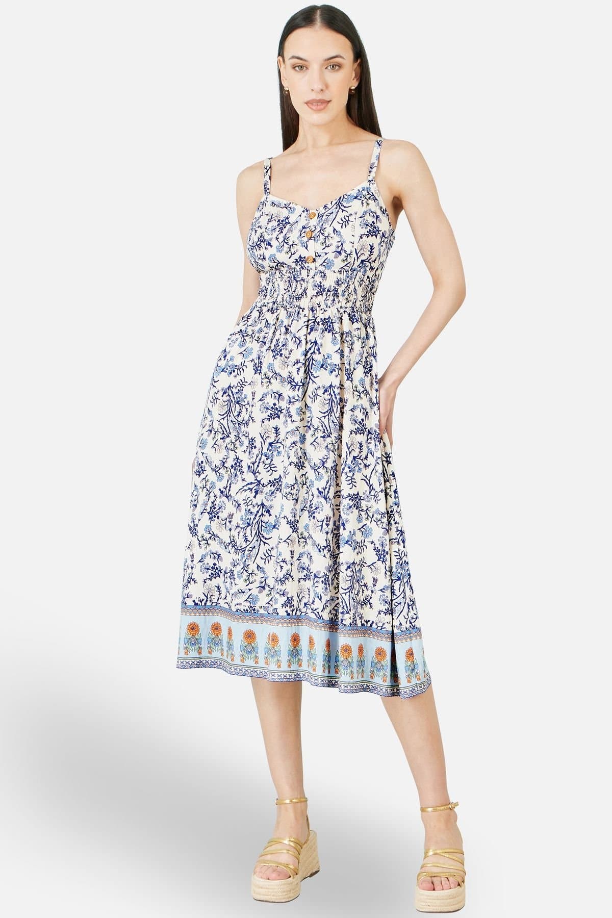 Yumi Yumi Women's White Floral Border Print Viscose Midi Sun Dress