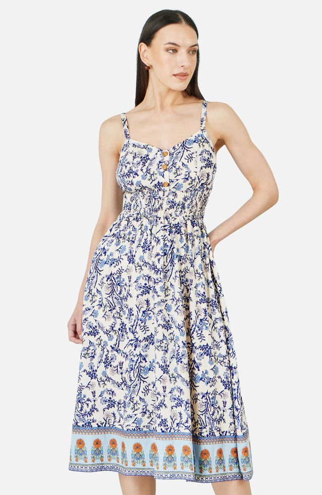 Yumi Yumi Women's White Floral Border Print Viscose Midi Sun Dress - 2