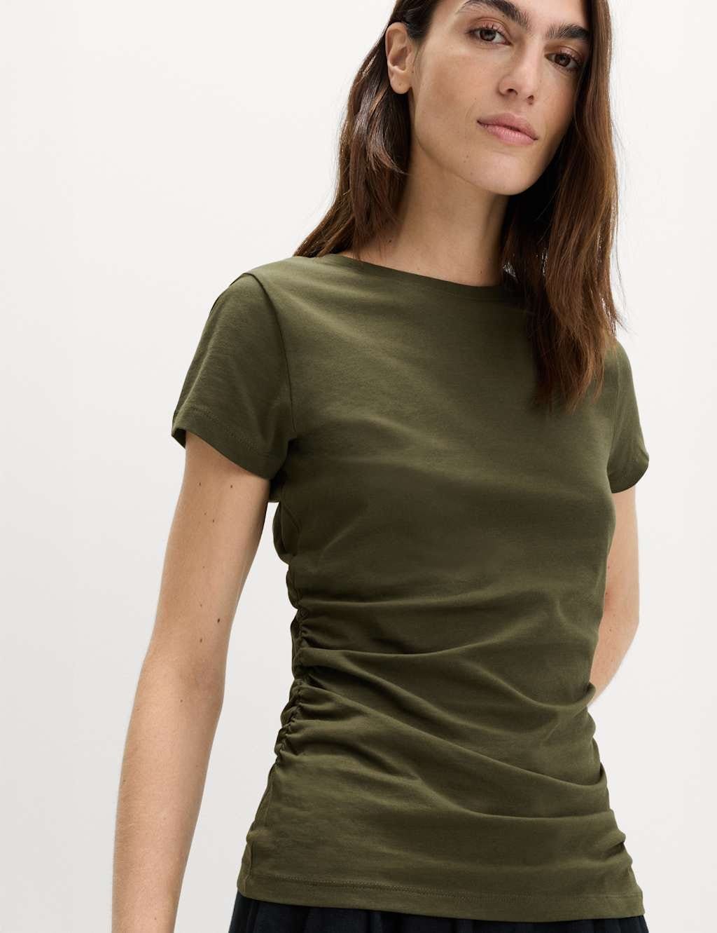 M&S Khaki Cotton Slim Fit Ruched T-Shirt