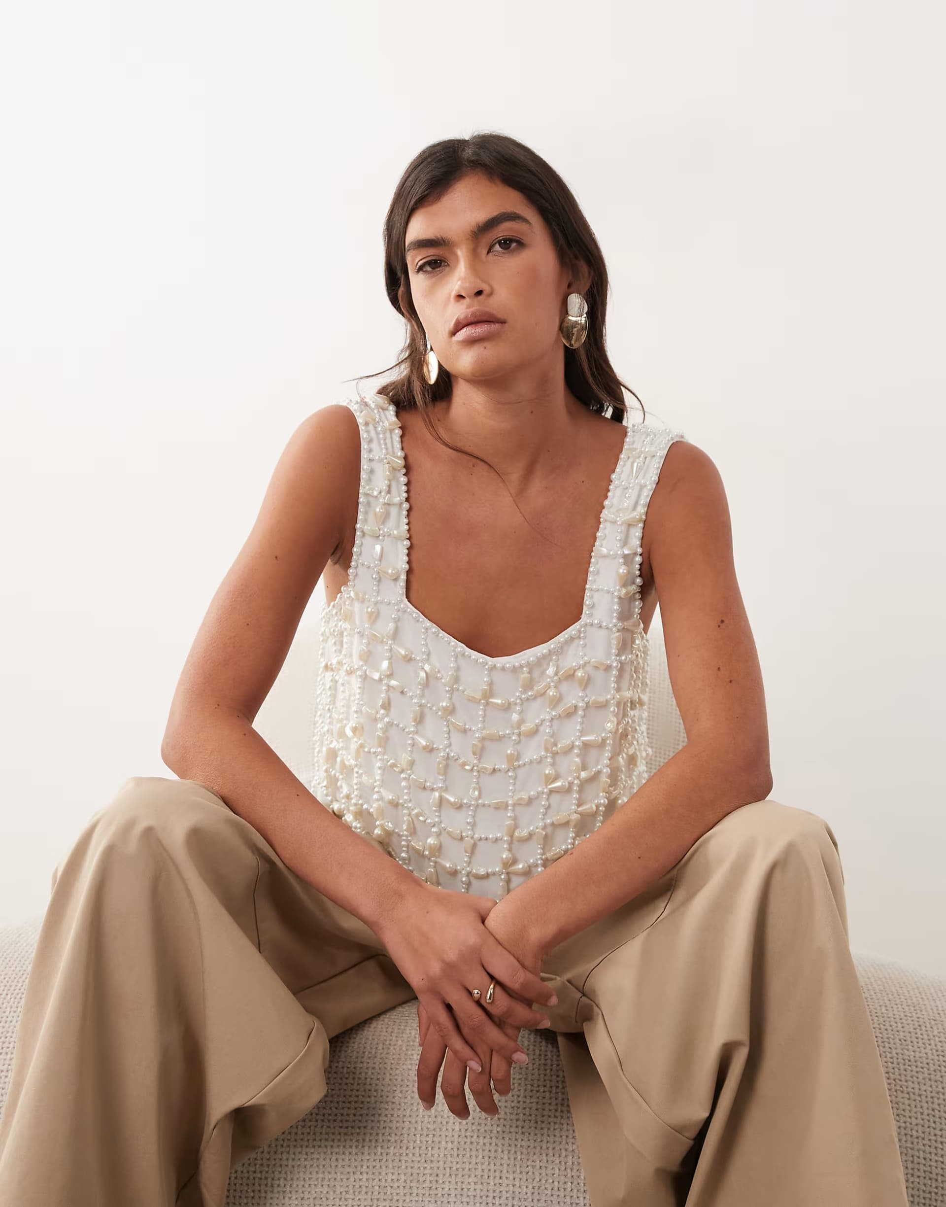 ASOS ARRANGE pearl embellished top in ivory