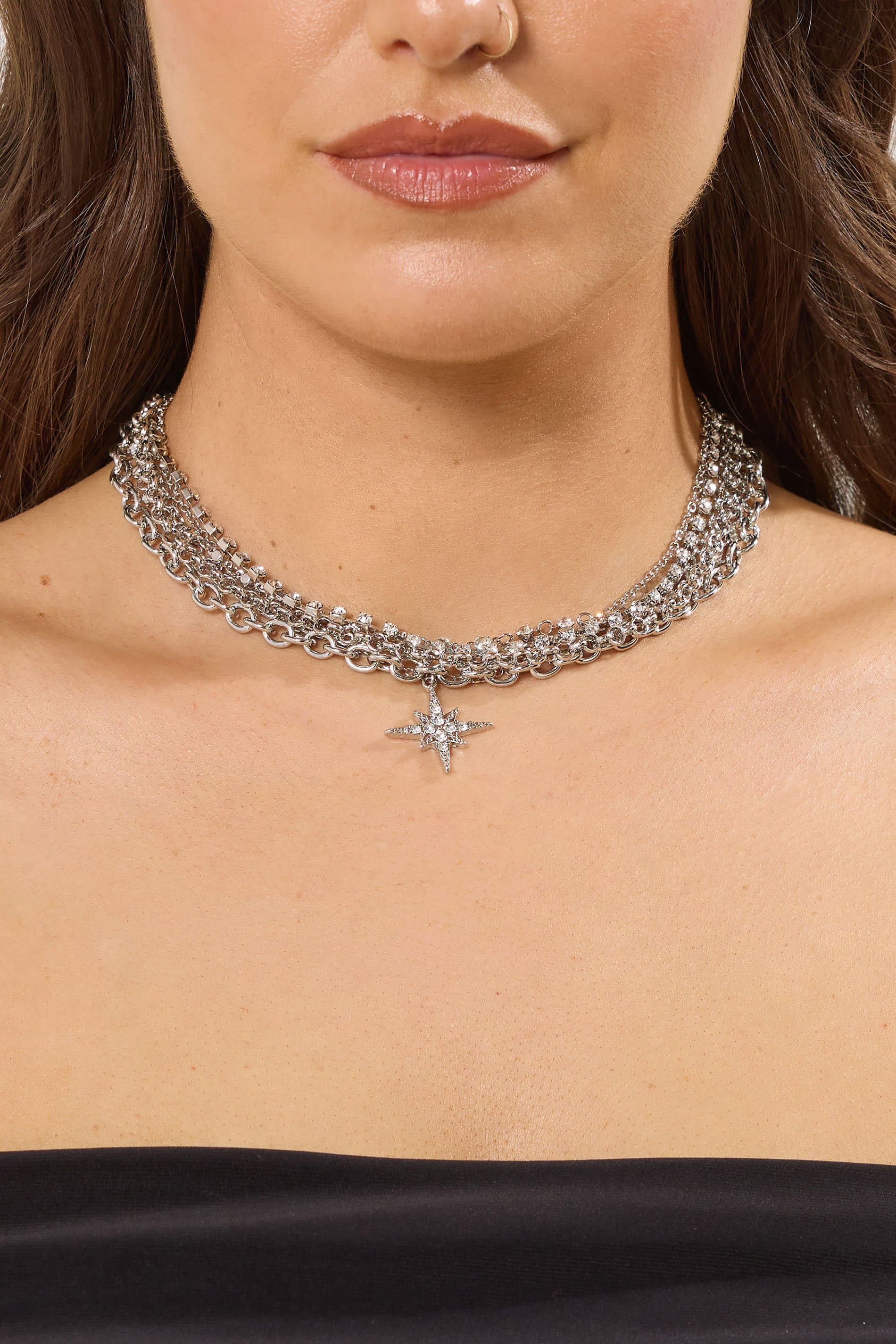 Yours Silver Tone Star Diamante Choker Necklace