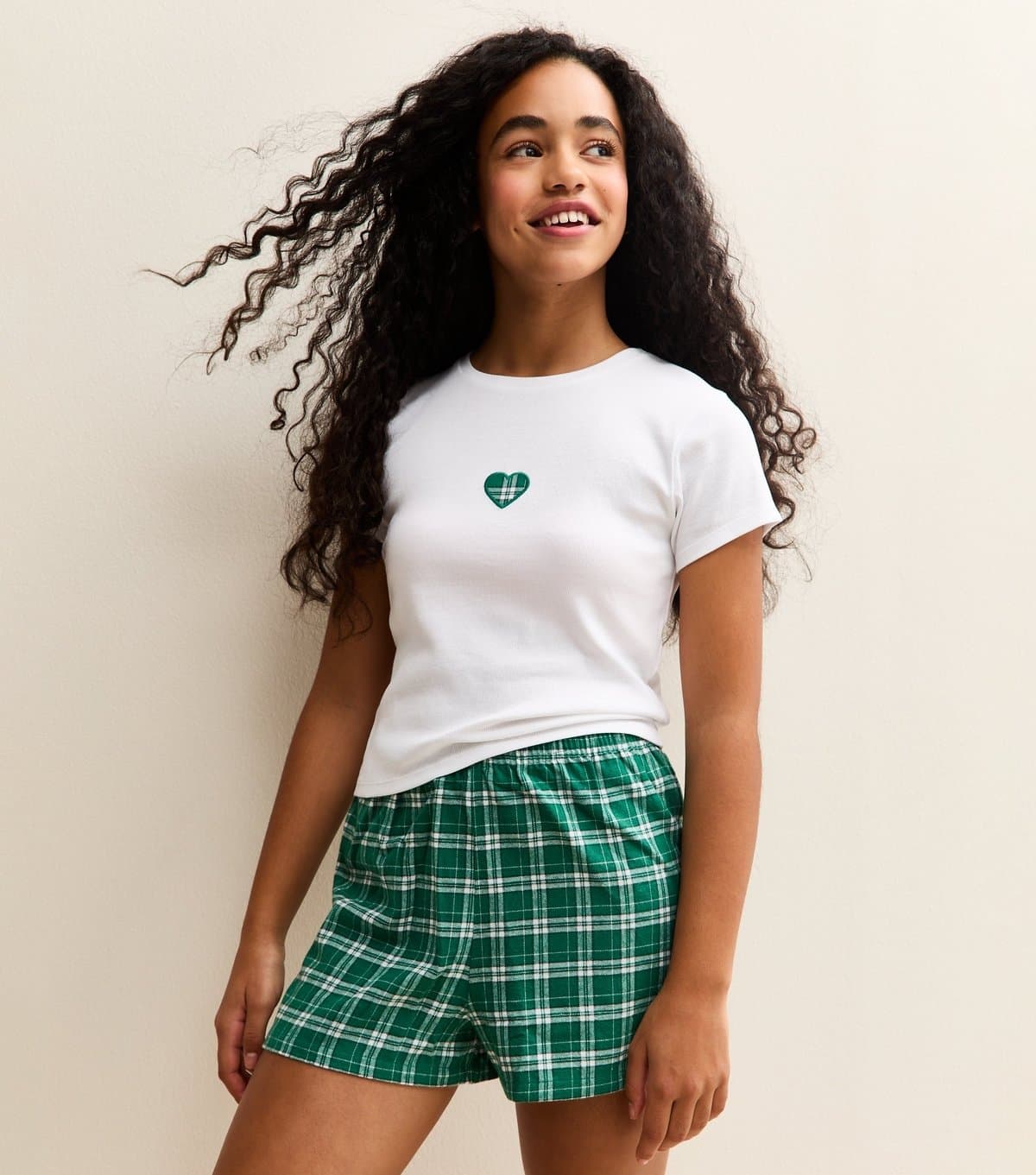 New Look Girls' Green Check T-Shirt and Shorts Pyjama Set New Look