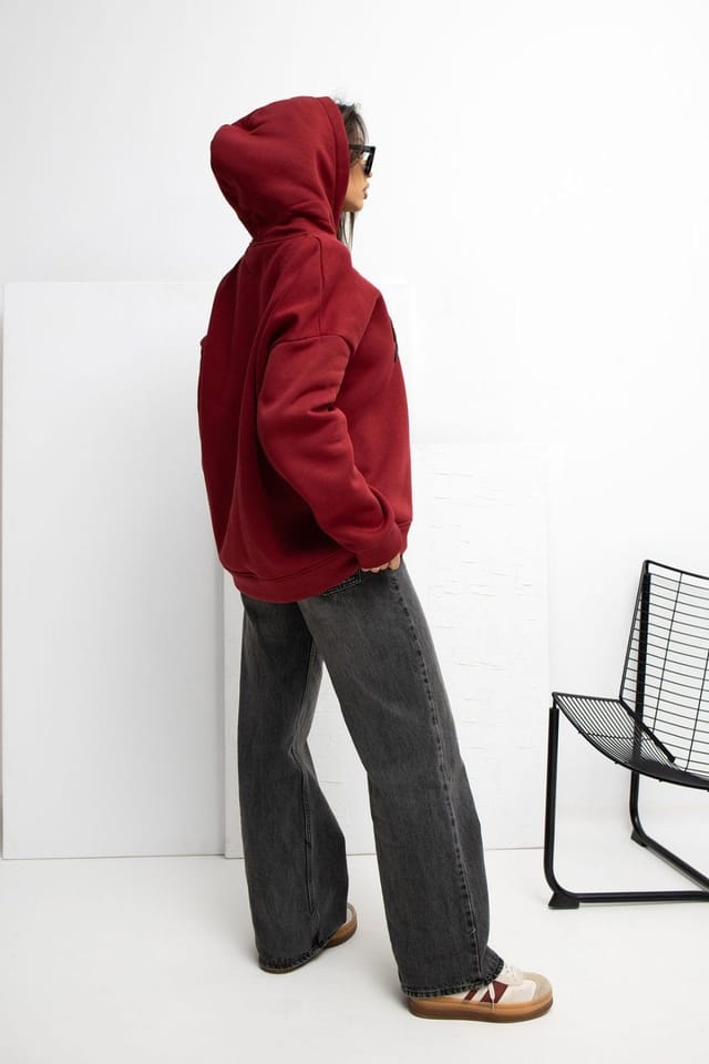 Love Lace Love Lace Women's Cotton Elastane Hooded Sweatshirt with Print in Burgundy - 3