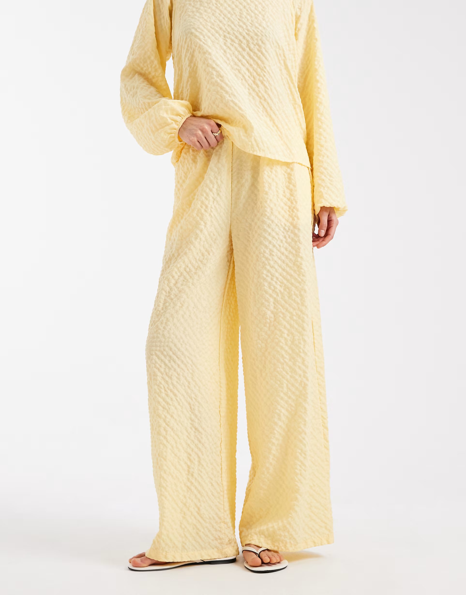 ASOS Vero Moda bow back textured long sleeve top and wide leg trouser set in yellow - 1