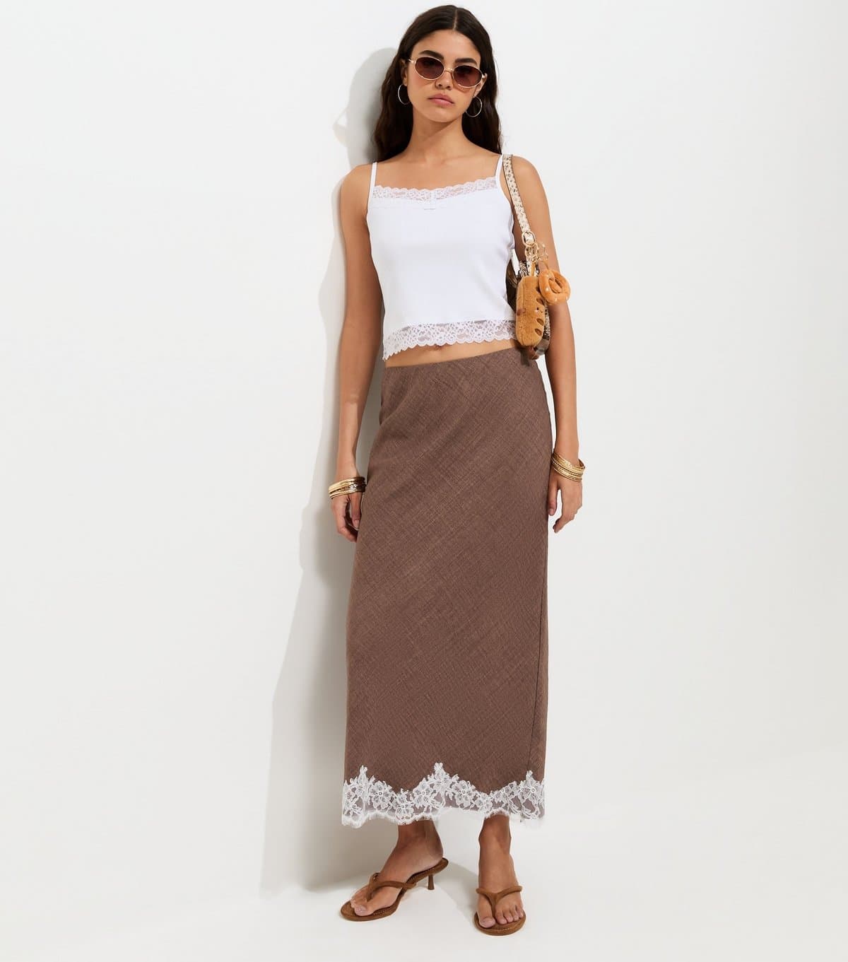 New Look Women's Dark Brown Lace Trim Woven Midi Pencil Skirt New Look