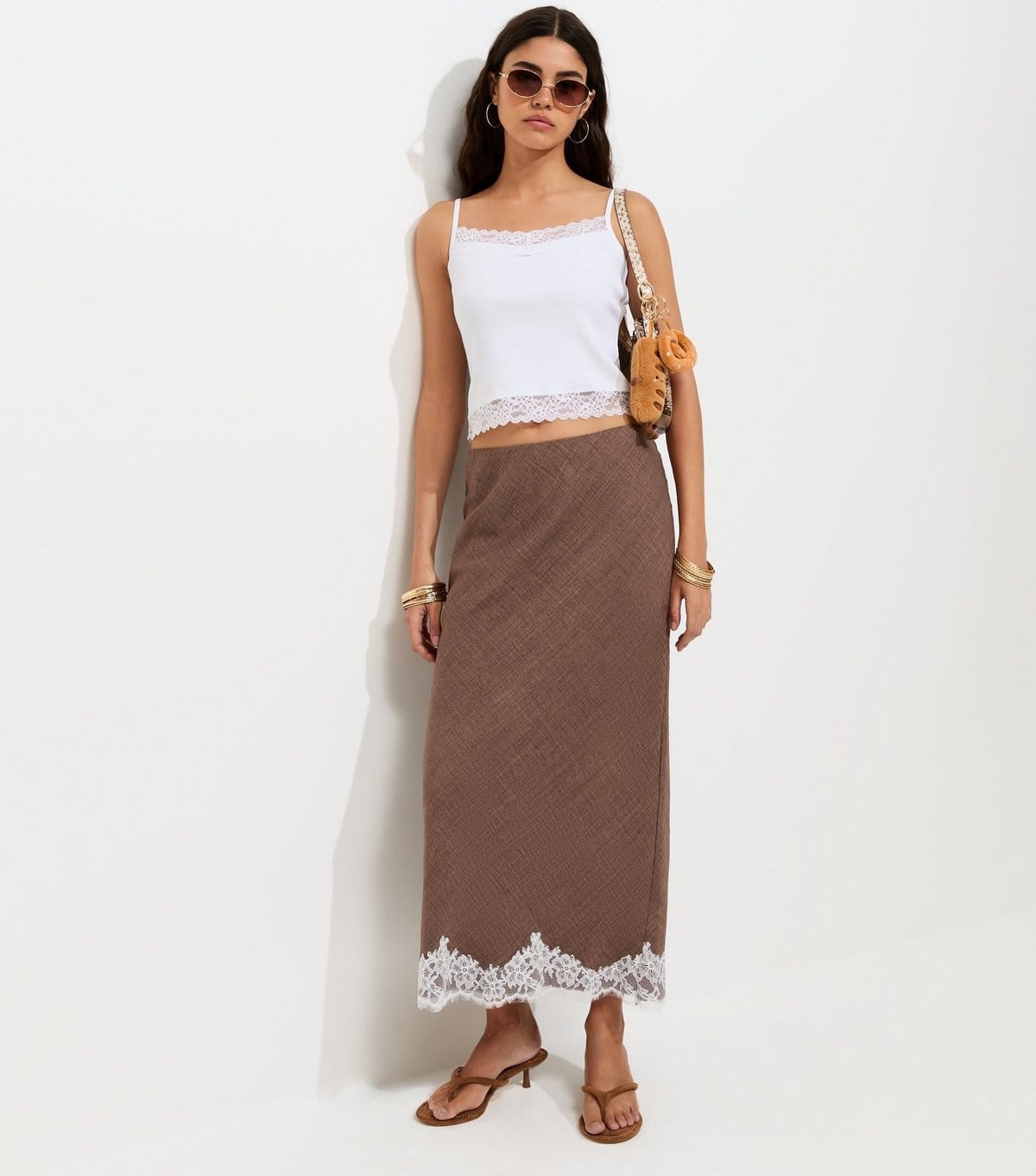 New Look Dark Brown Lace Trim Woven Midi Pencil Skirt