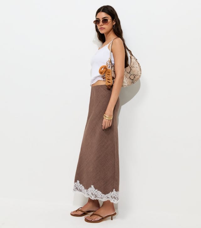 New Look Women's Dark Brown Lace Trim Woven Midi Pencil Skirt New Look - 2