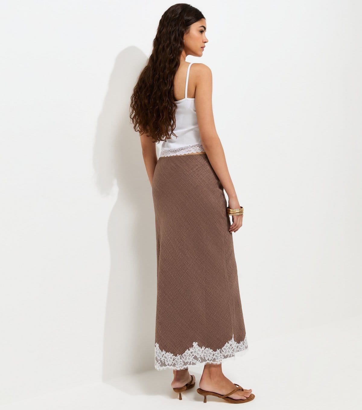 New Look Women's Dark Brown Lace Trim Woven Midi Pencil Skirt New Look - 4