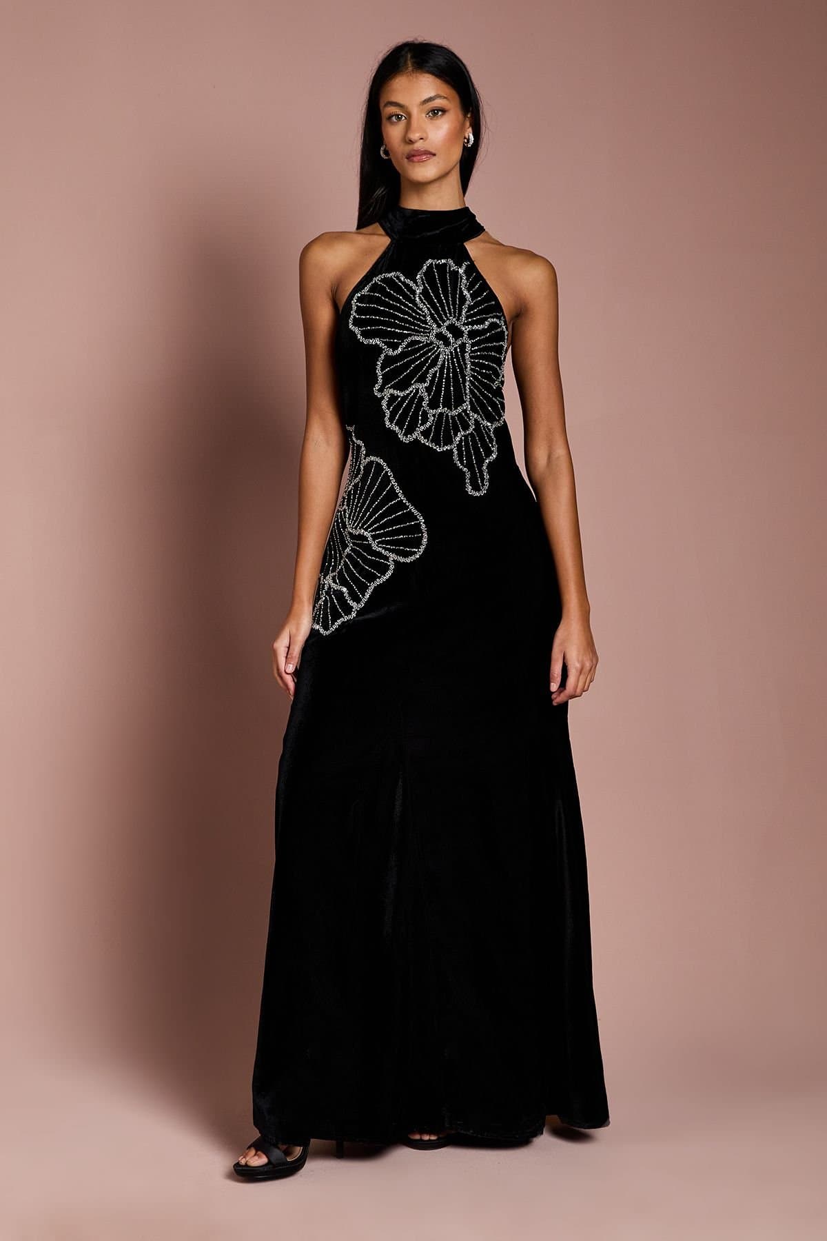 Coast Coast Women's Petite Halter Neck Velvet Maxi Dress With Embellishment Flower in Black