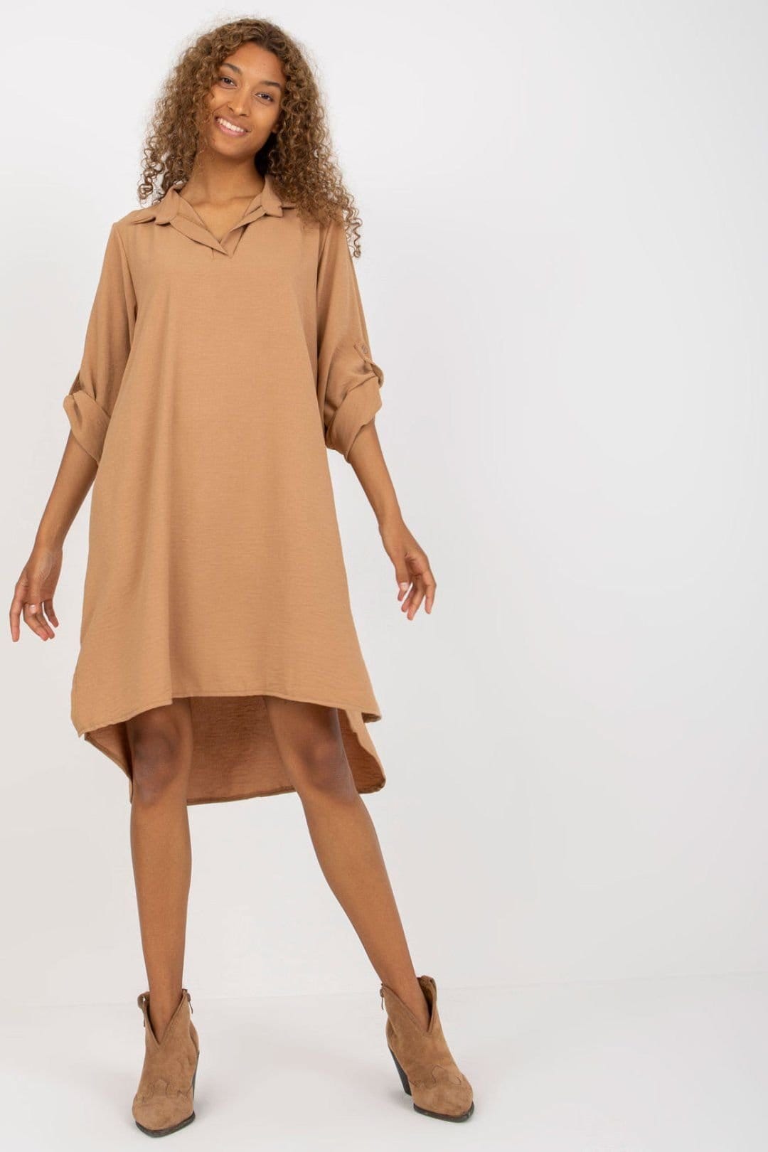 Love Lace Tan V-Neck Long Sleeve Shirt Dress with Roll Up