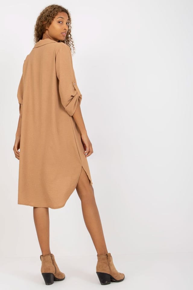 Love Lace Love Lace Women's V Neck Long Sleeve Shirt Dress with Roll Up in Tan - 3