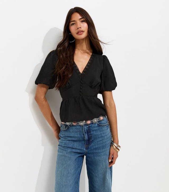 New Look Women's Black Lace Trim Button up Tea Blouse New Look - 2