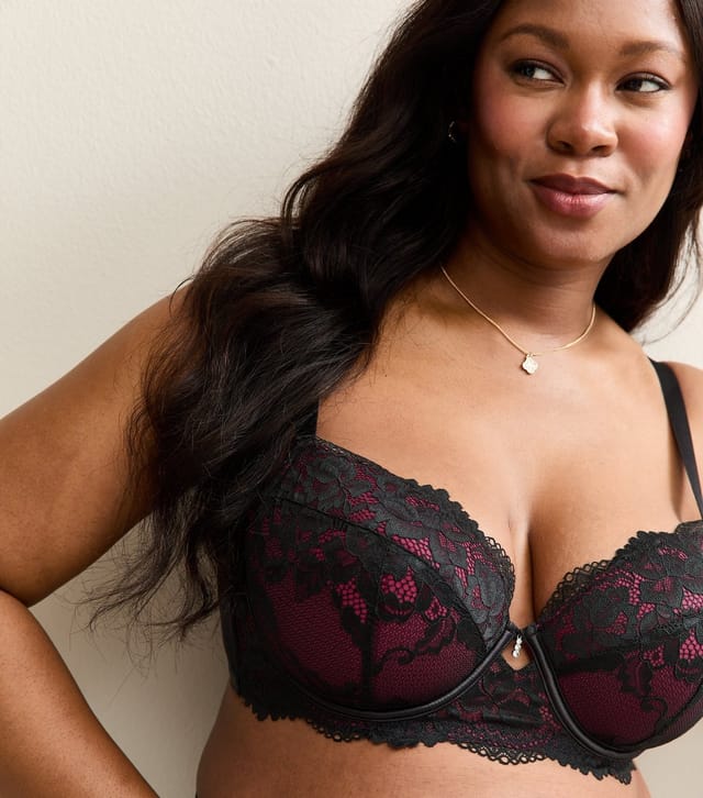 New Look Women's Plus Size Black Floral Lace Contrast Trim Bra Curves New Look - 2