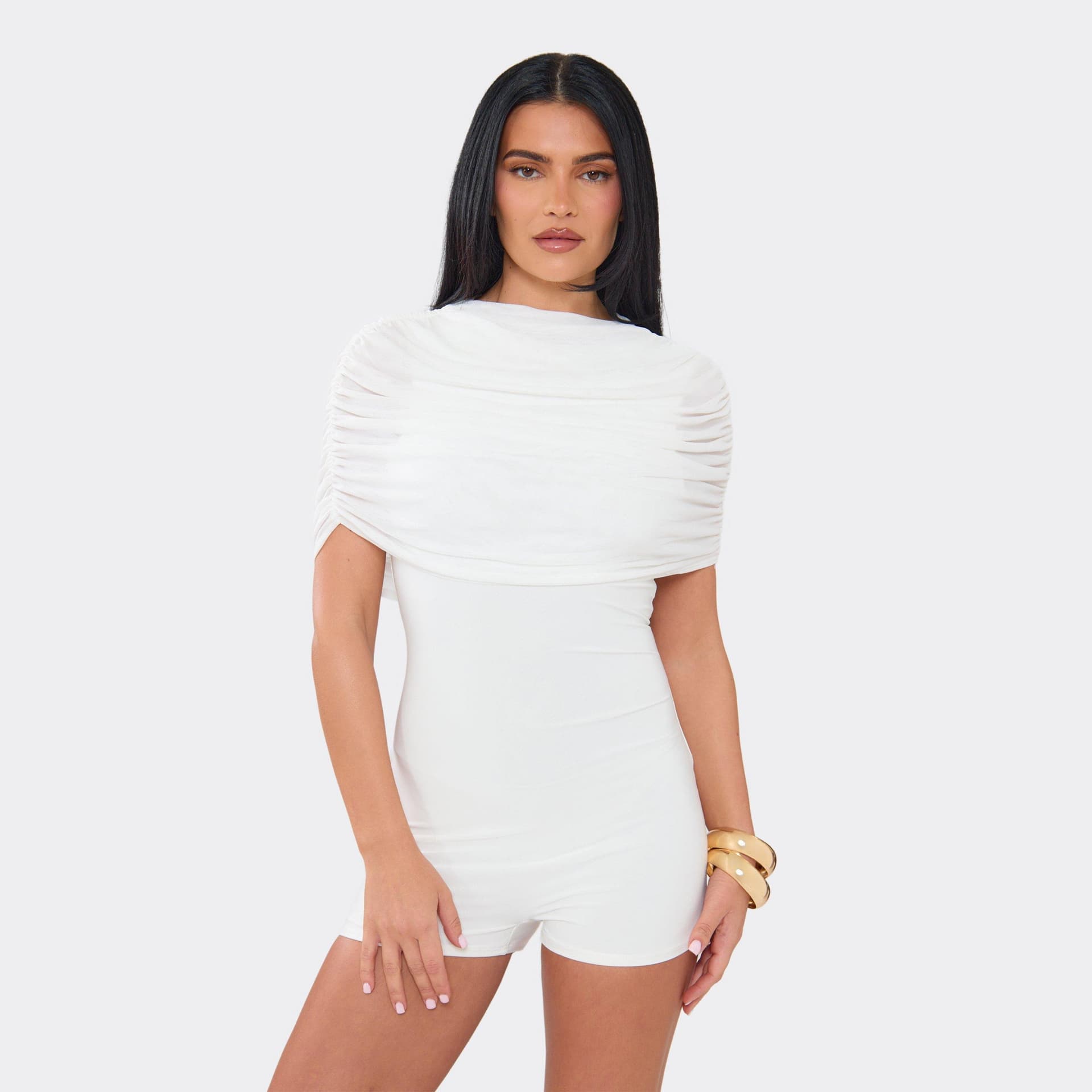EGO High Neck Cape Sleeve Ruched Hot Pant Playsuit In White, Women's Size UK 6
