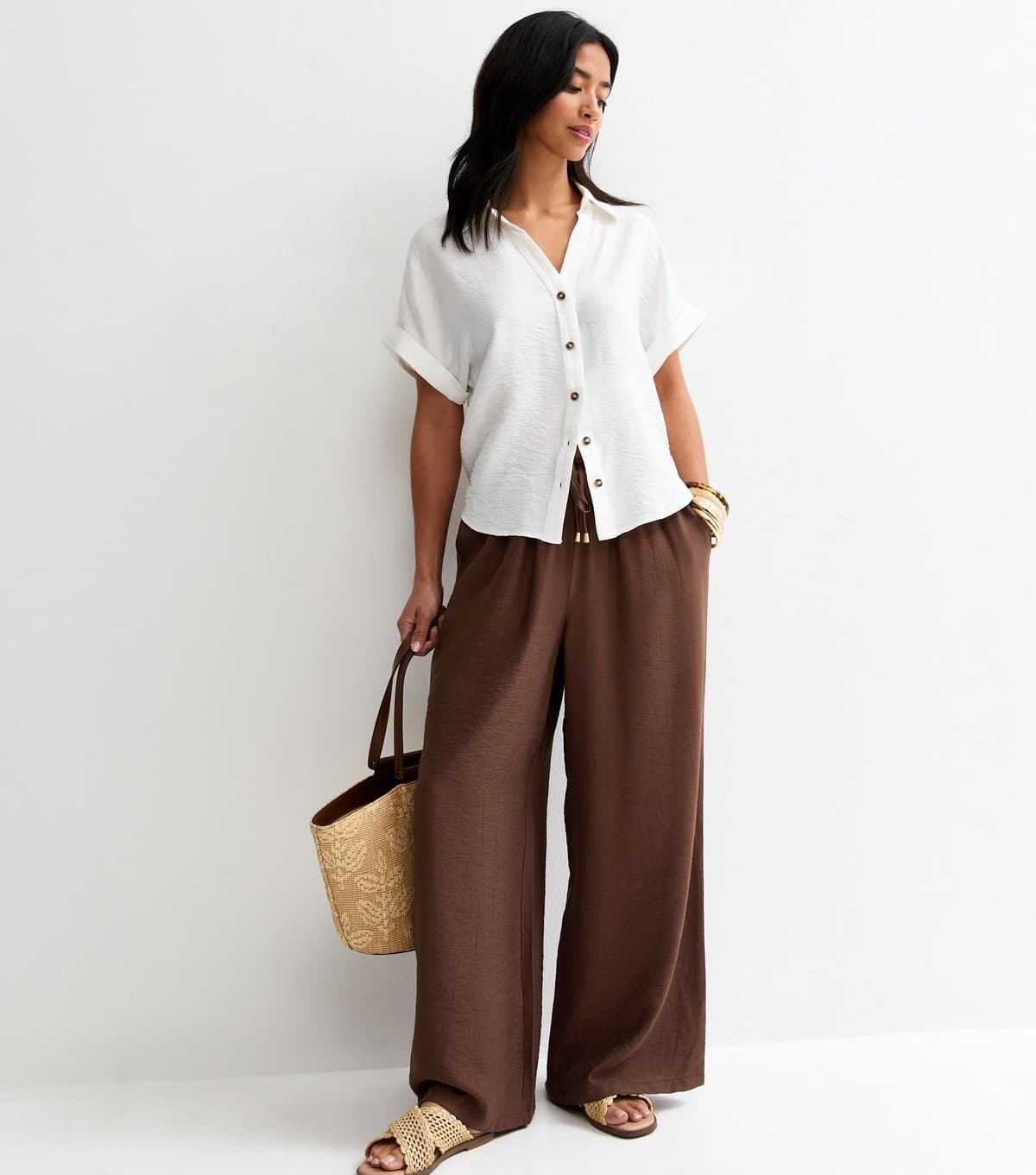 New Look Women's Petite Dark Brown Crinkle Texture Wide Leg Trousers New Look