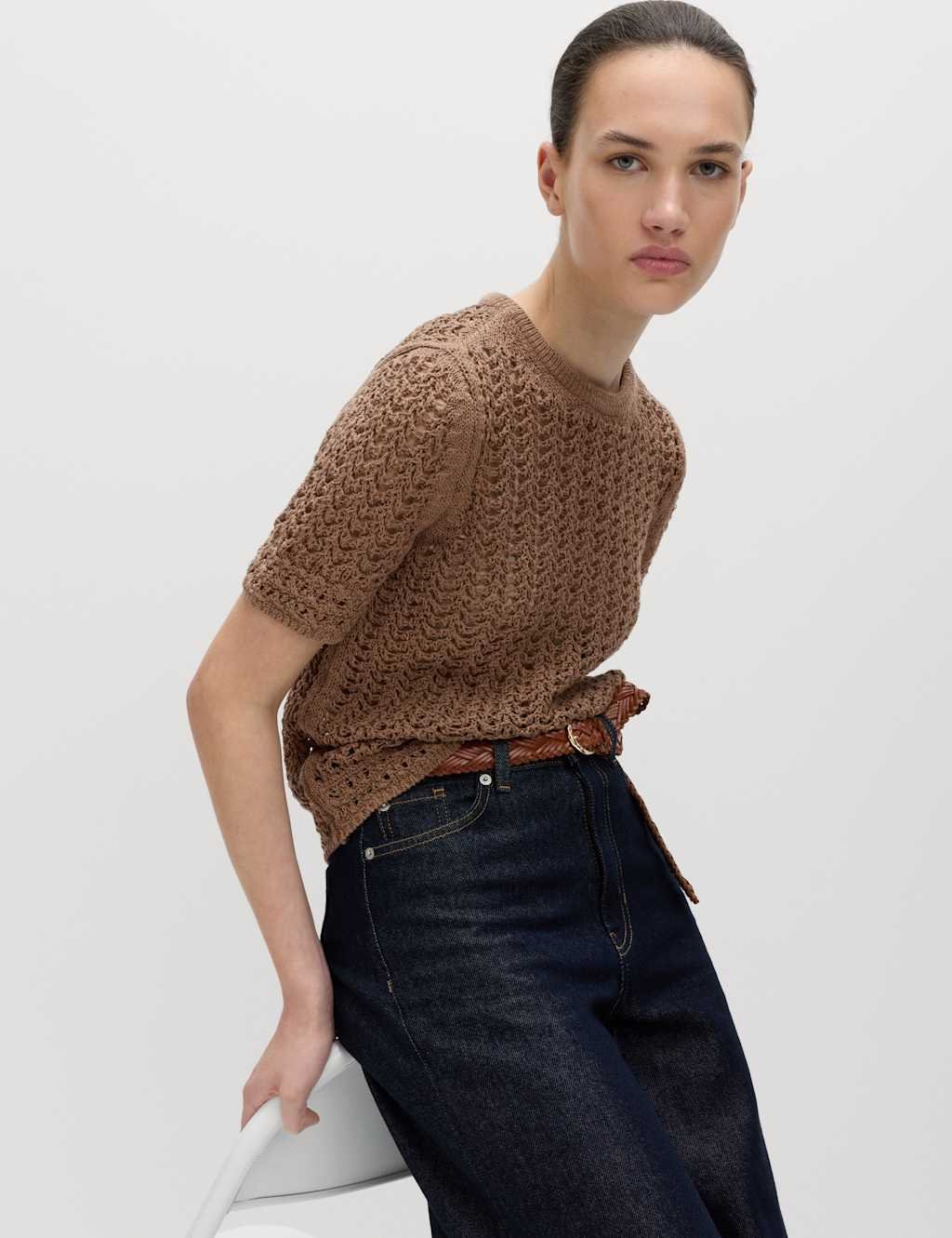 Marks & Spencer M&S Cotton Rich Textured Knitted Top Golden Brown - 4