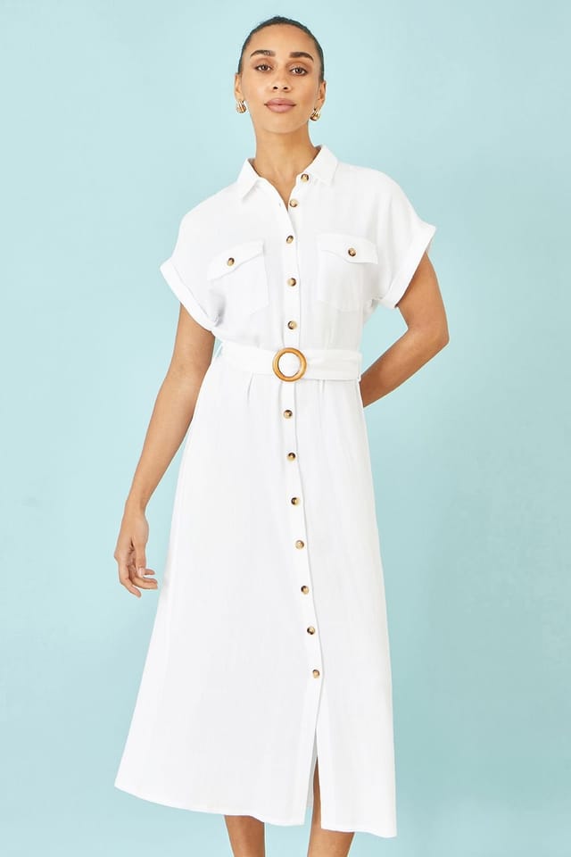 Yumi Yumi Women's Viscose Linen Look Midi Shirt Dress With Wooden Belt in White - 2