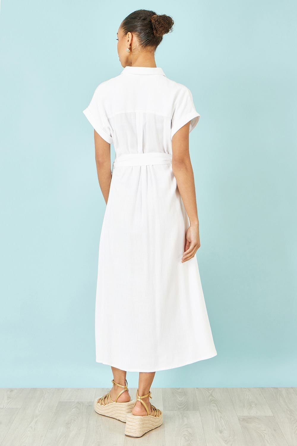 Yumi Yumi Women's Viscose Linen Look Midi Shirt Dress With Wooden Belt in White - 4