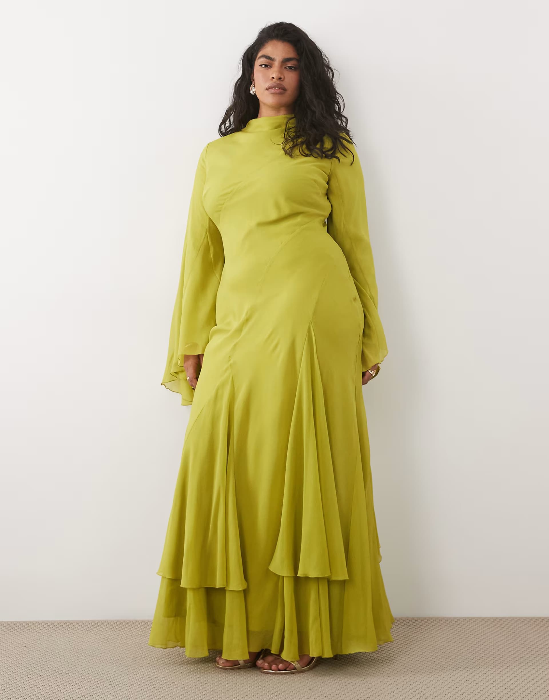 ASOS ASOS DESIGN Curve long sleeve high neck maxi dress with ruffle godets and flute sleeves in olive green