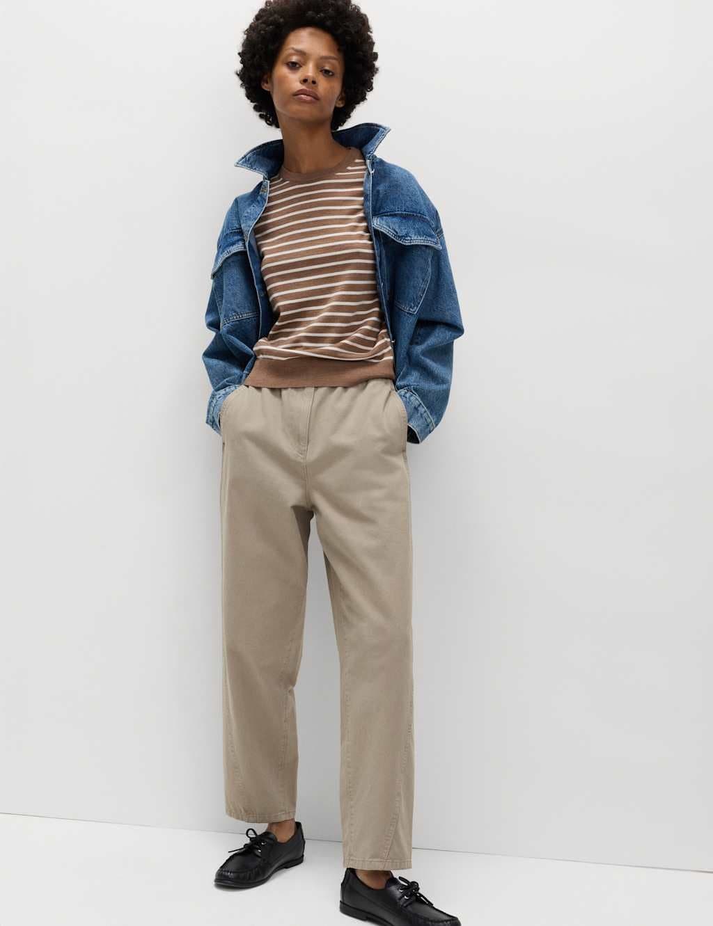 Marks & Spencer M&S Pure Cotton Elasticated Waist Carrot Leg Trousers Putty