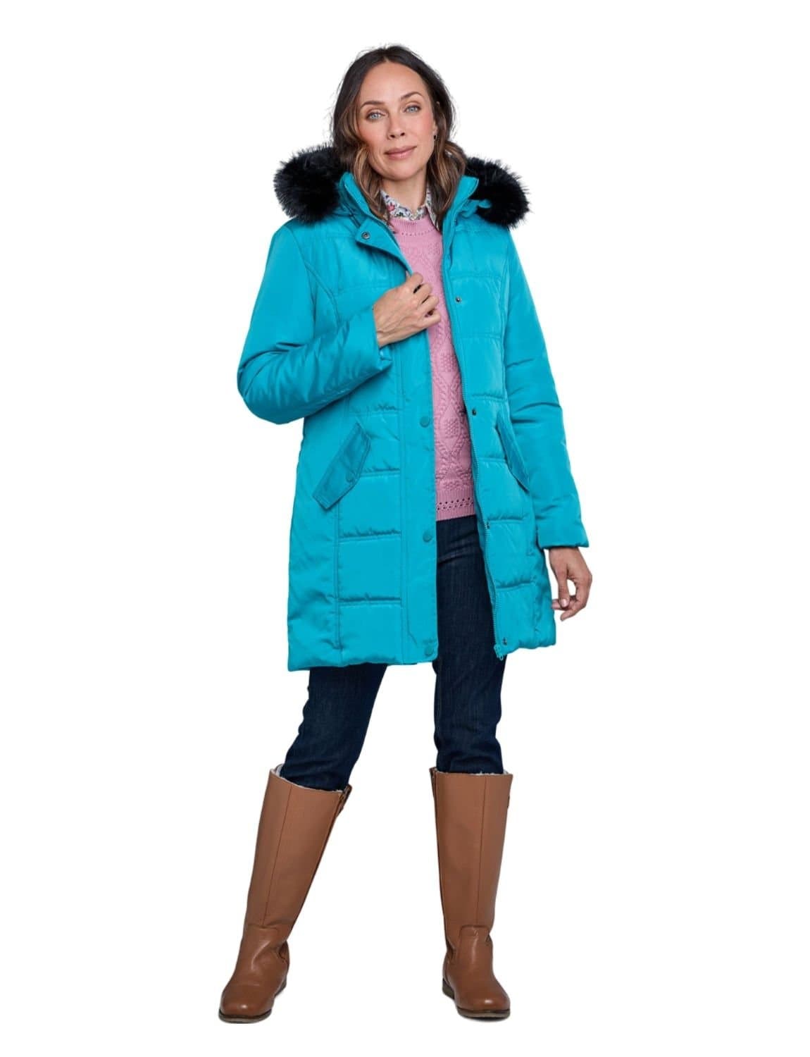Amber Amber Women's Water Resistant Parka Style Jacket With Detachable Hood in Teal