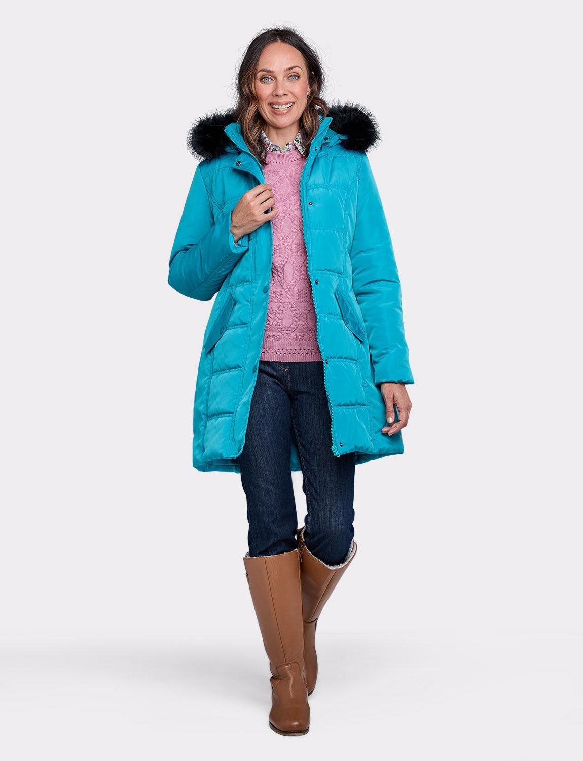 Amber Amber Women's Water Resistant Parka Style Jacket With Detachable Hood in Teal - 2
