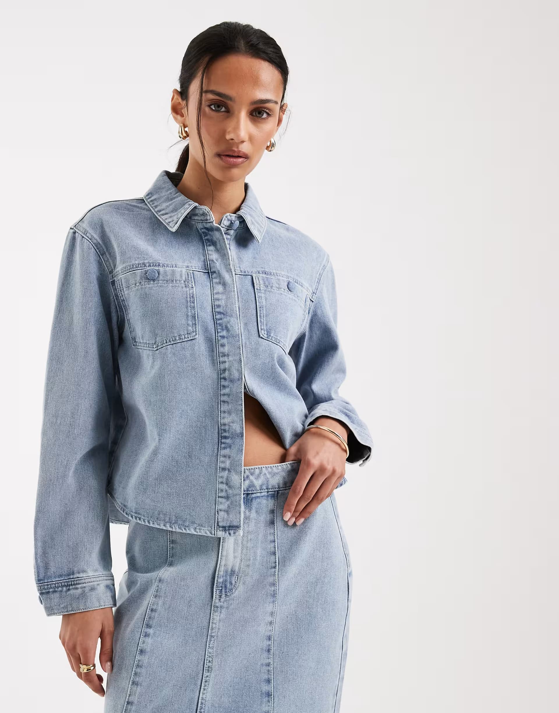 ASOS AWARE button up denim overshirt co-ord with pockets in light blue denim