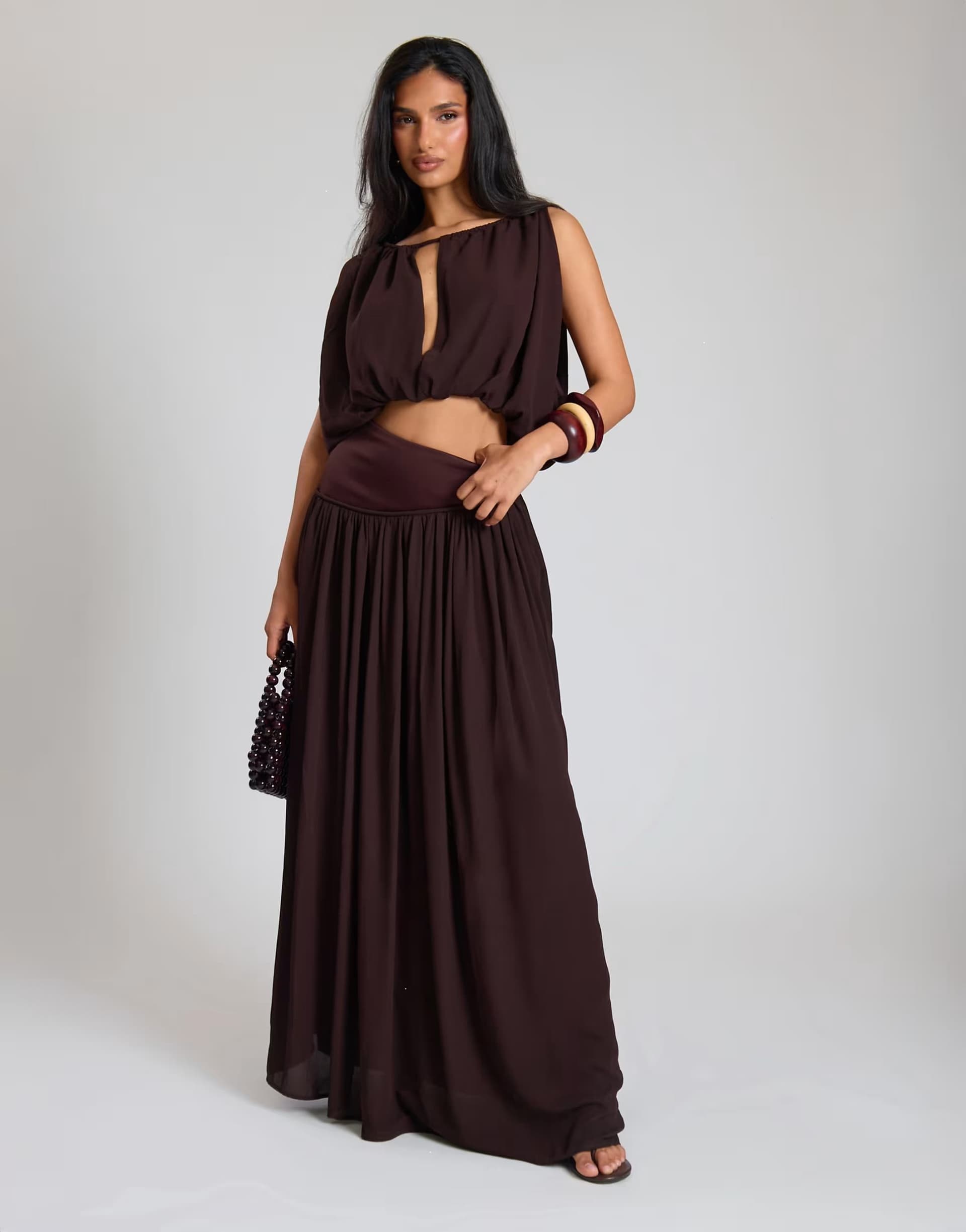 ASOS Missyempire Woven ruched asym drop waist maxi skirt in chocolate