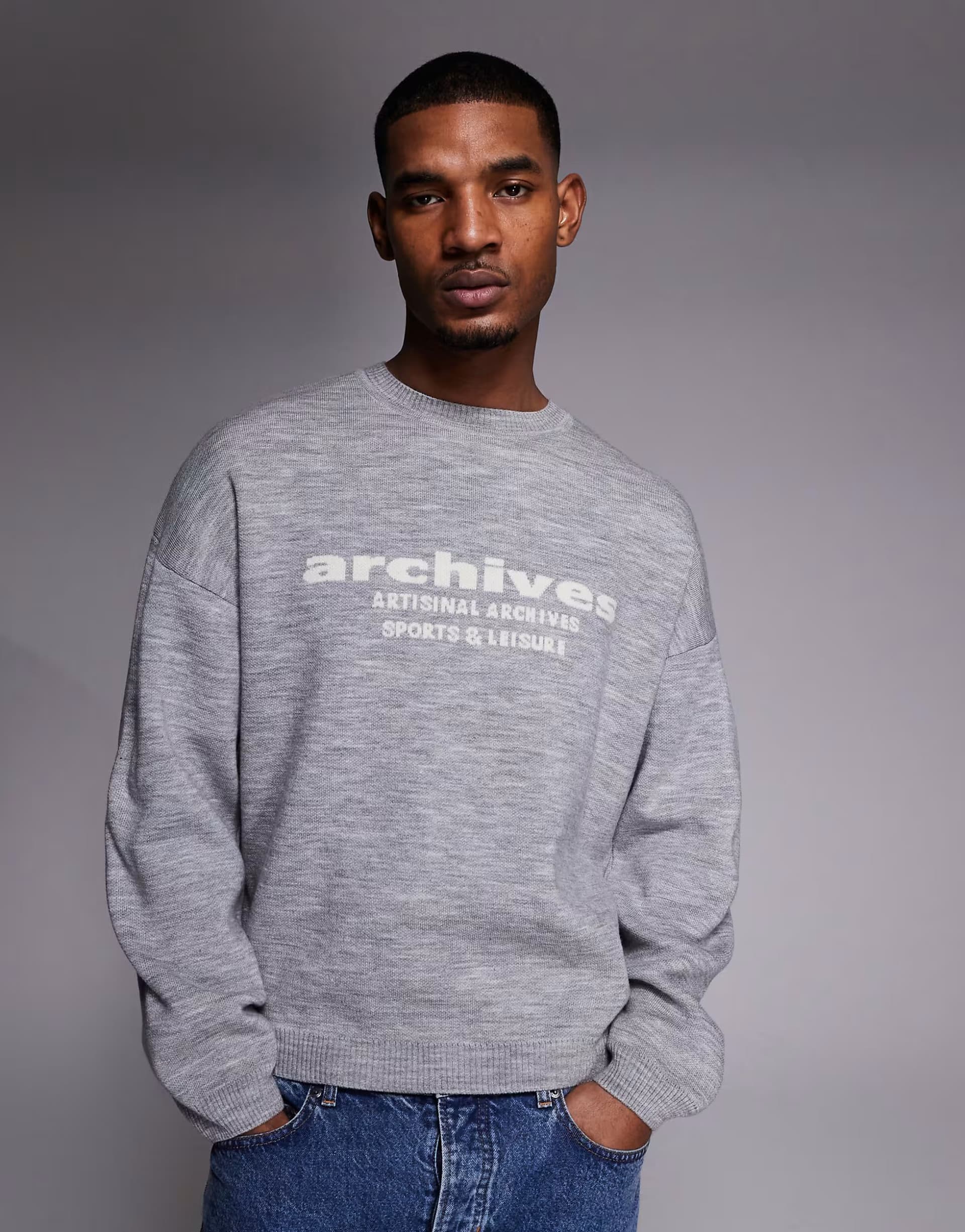 ASOS ASOS DESIGN oversized knitted jumper with achieves graphic in grey