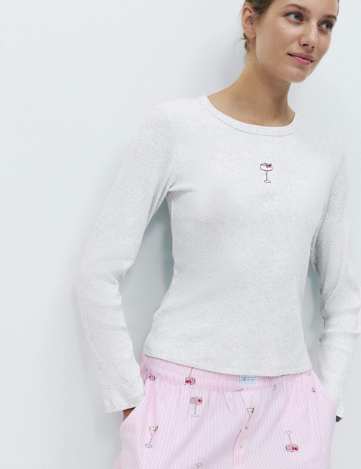 Marks & Spencer M&S Cotton Modal Ribbed Embroidered Pyjama Top Grey Mix