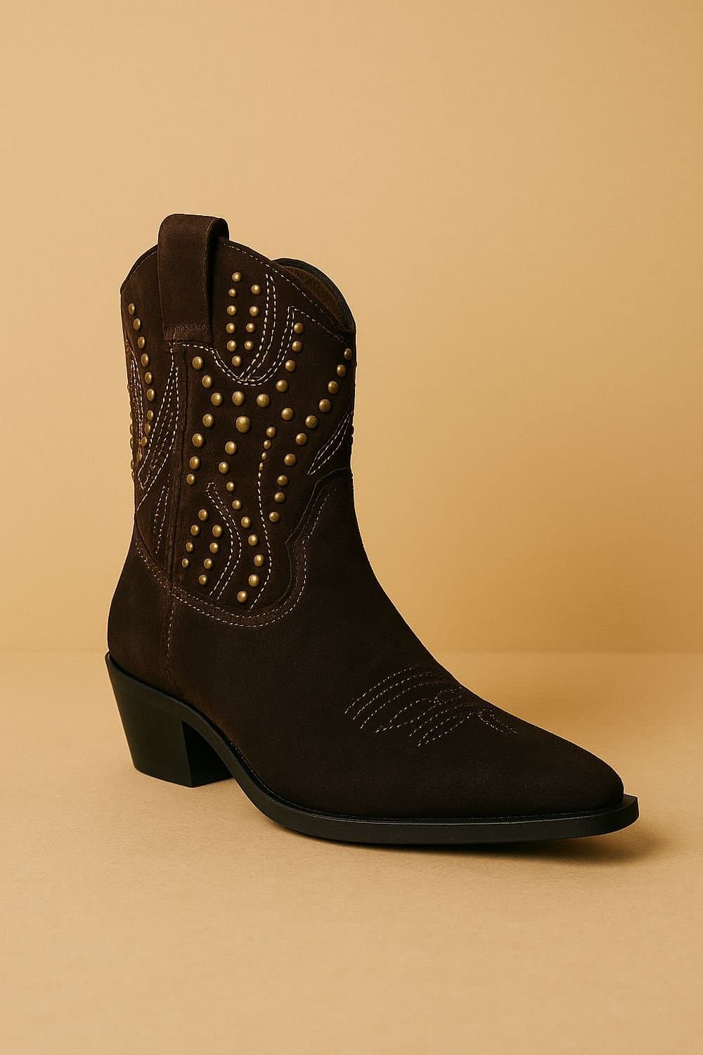 Down To Earth Down To Earth Women's Western Studded Suede Ankle Cowboy Boots with Pointed Toe & Low Heel in Brown