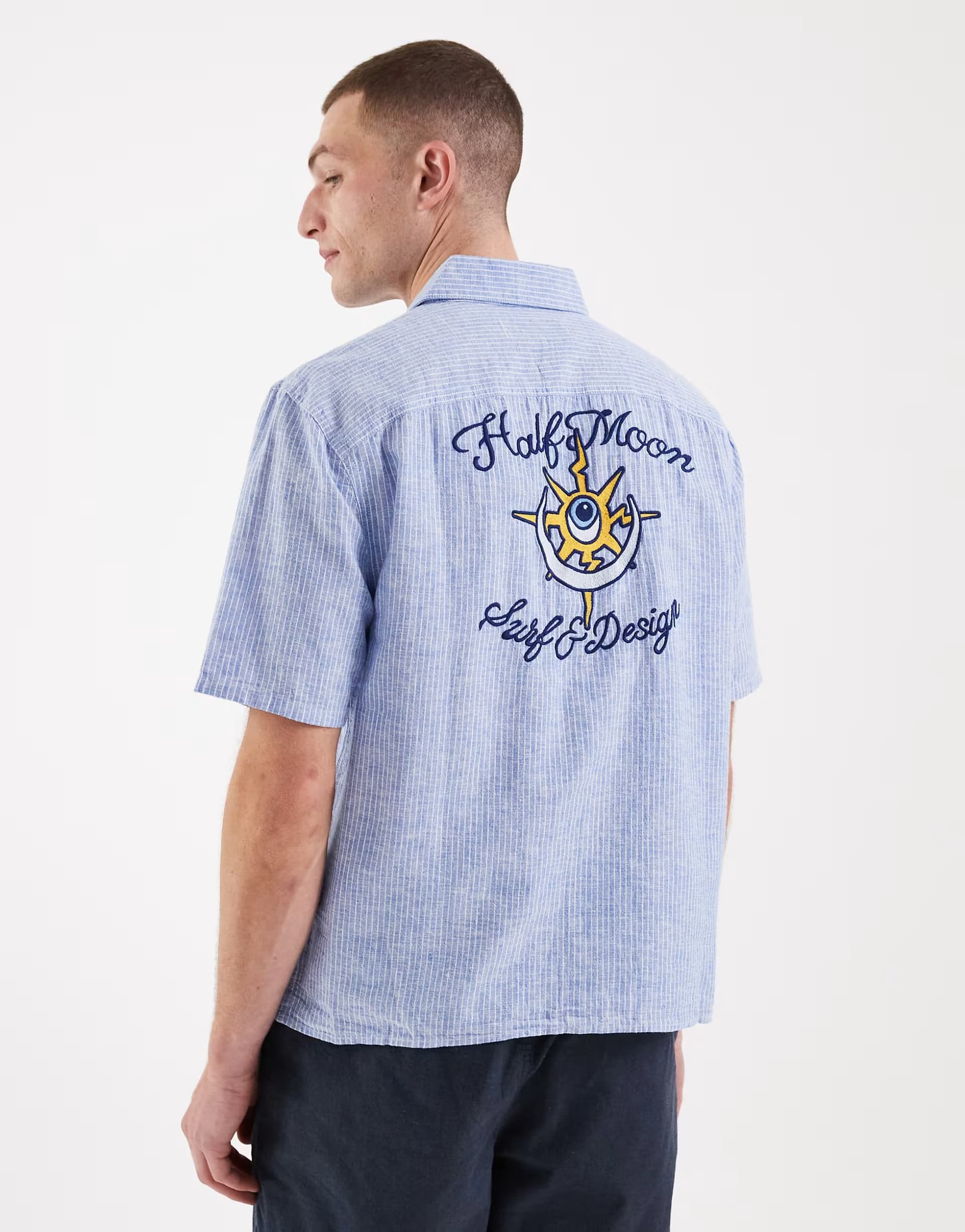 ASOS Hollister linen blend back graphic short sleeve shirt in blue