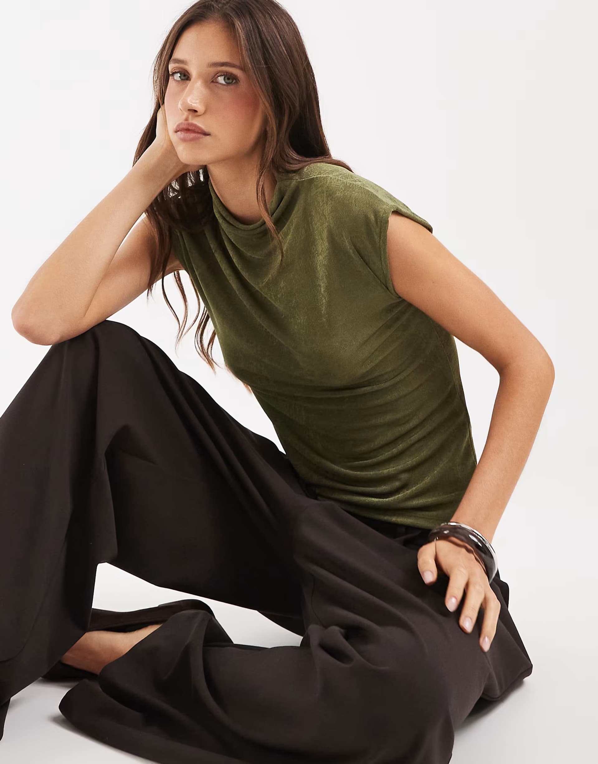 ASOS AWARE sleeveless high neck top with glitter detail in olive green