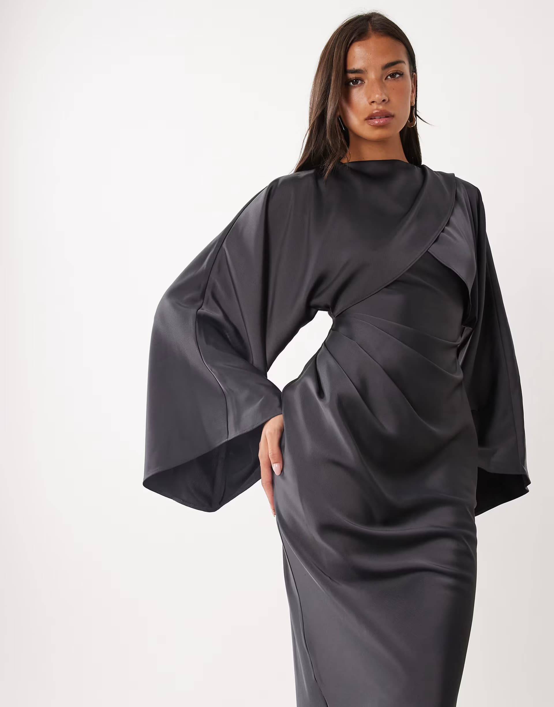 ASOS ASOS DESIGN draped long sleeve cross front high neck satin maxi dress in navy