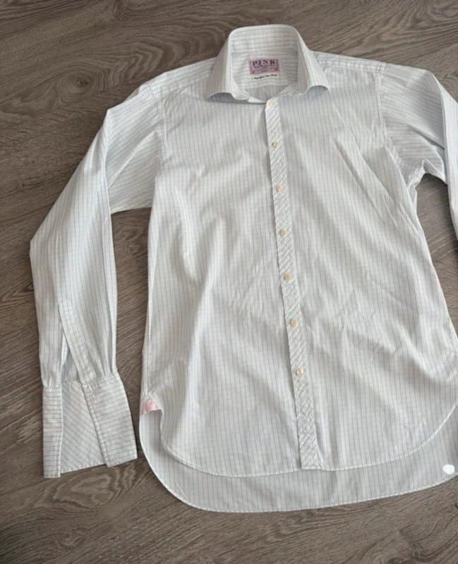 Thomas Pink Thomas Pink Superfine Two-Fold White Blue Check Shirt Men’s Large 100% Cotton Business Formal