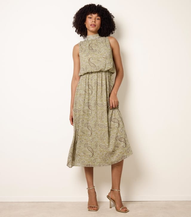Blue Vanilla Women's Khaki Paisley Print High Neck Midi Dress Blue Vanilla New Look - 3