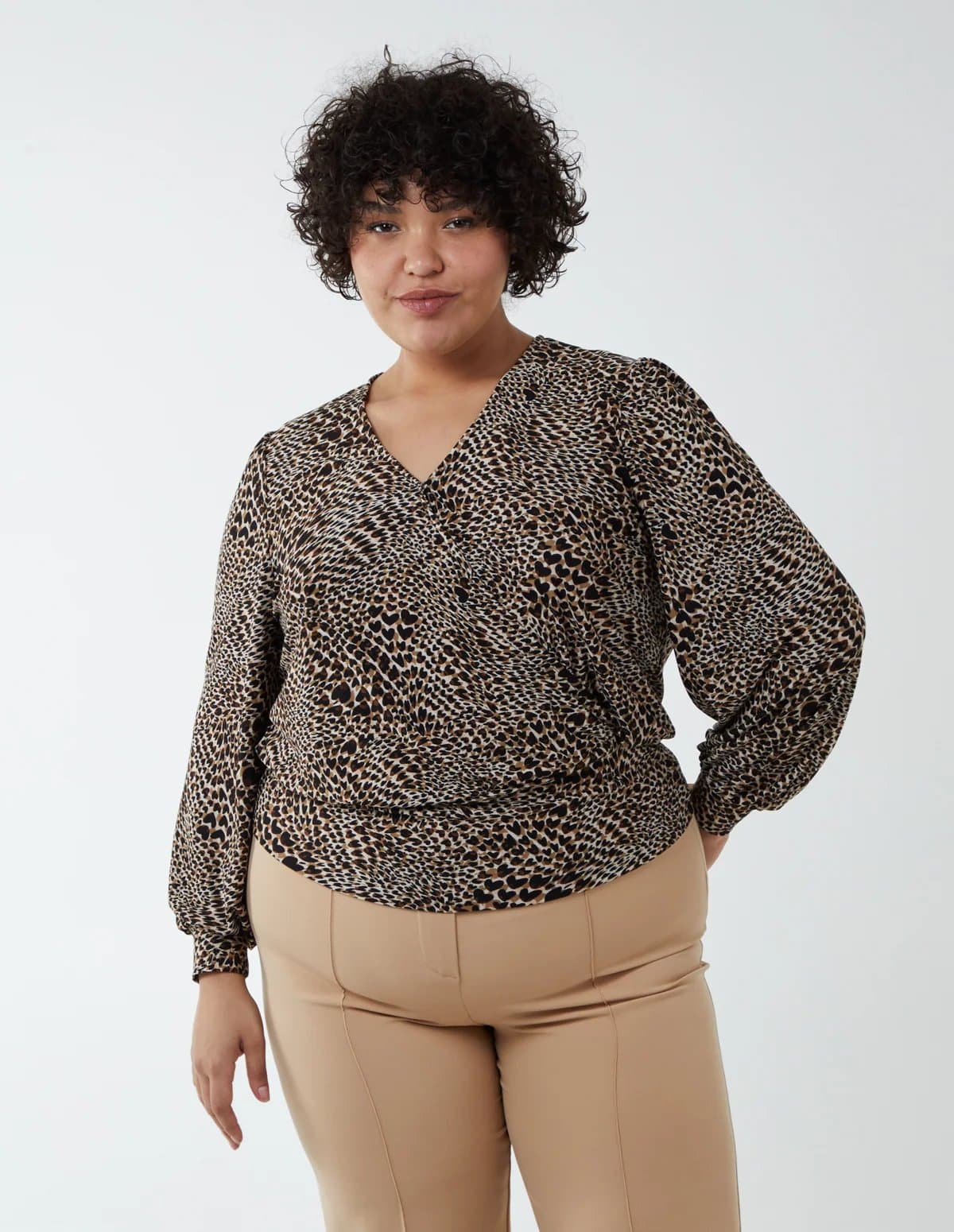 Blue Vanilla Curve Animal Printed Wrap Front Deep Hem Band Top