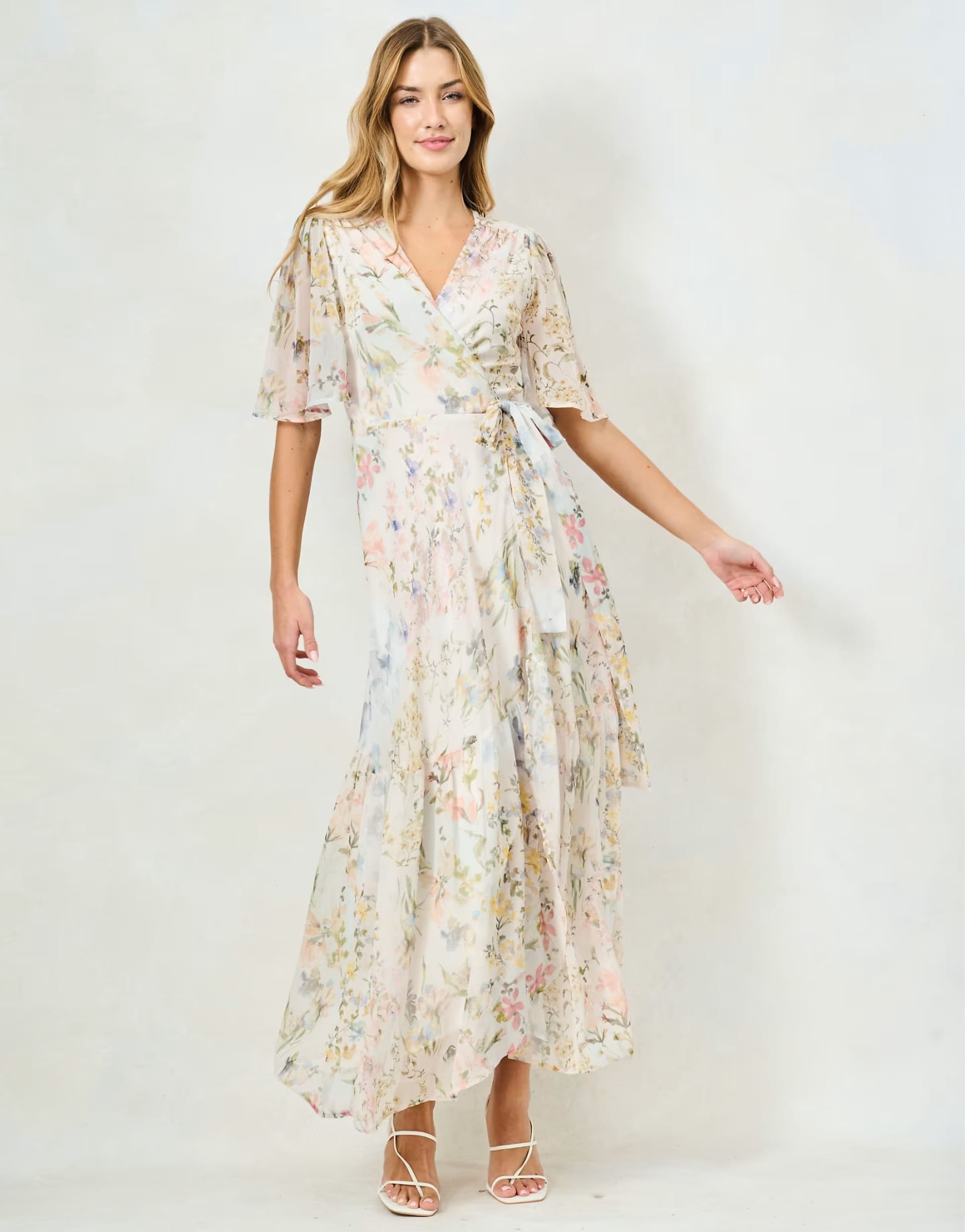 ASOS Hope & Ivy Cream Floral Flutter Sleeve Maxi Wrap Dress