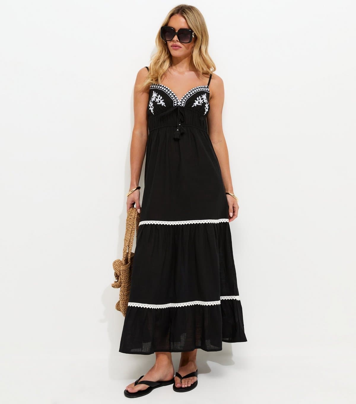 New Look Women's Petite Black Embroidered Cotton Beach Maxi Dress New Look