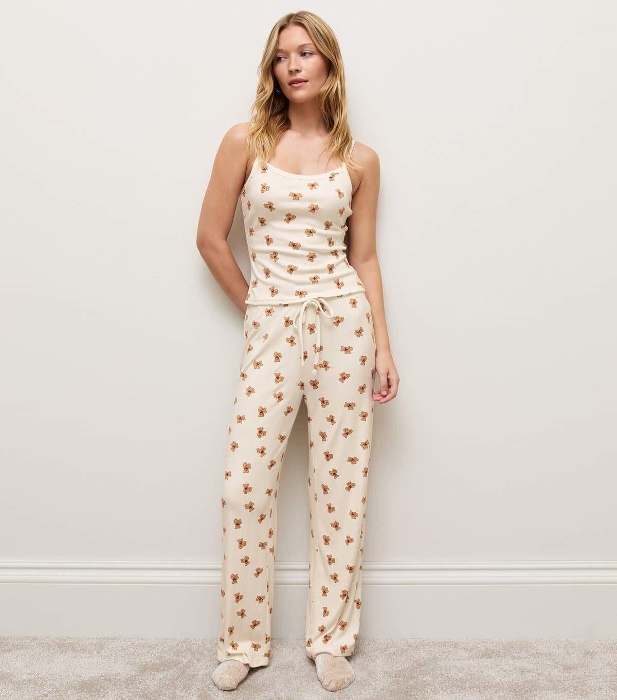 New Look Women's Cream Bear Pointelle Wide Leg Pyjama Trousers New Look