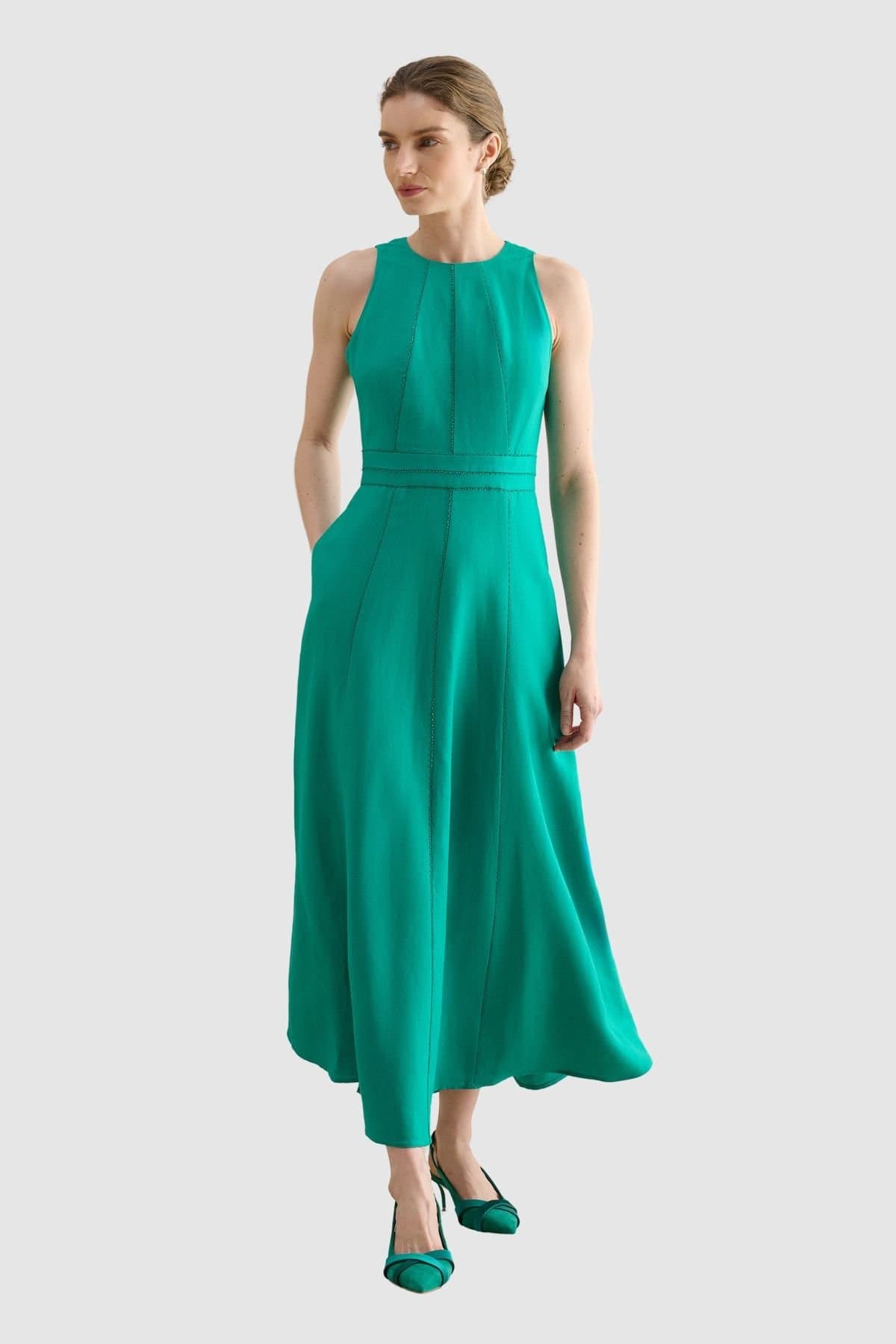 Hobbs London Hobbs London Women's Harewood Sleeveless Fit Flare Dress in Emerald