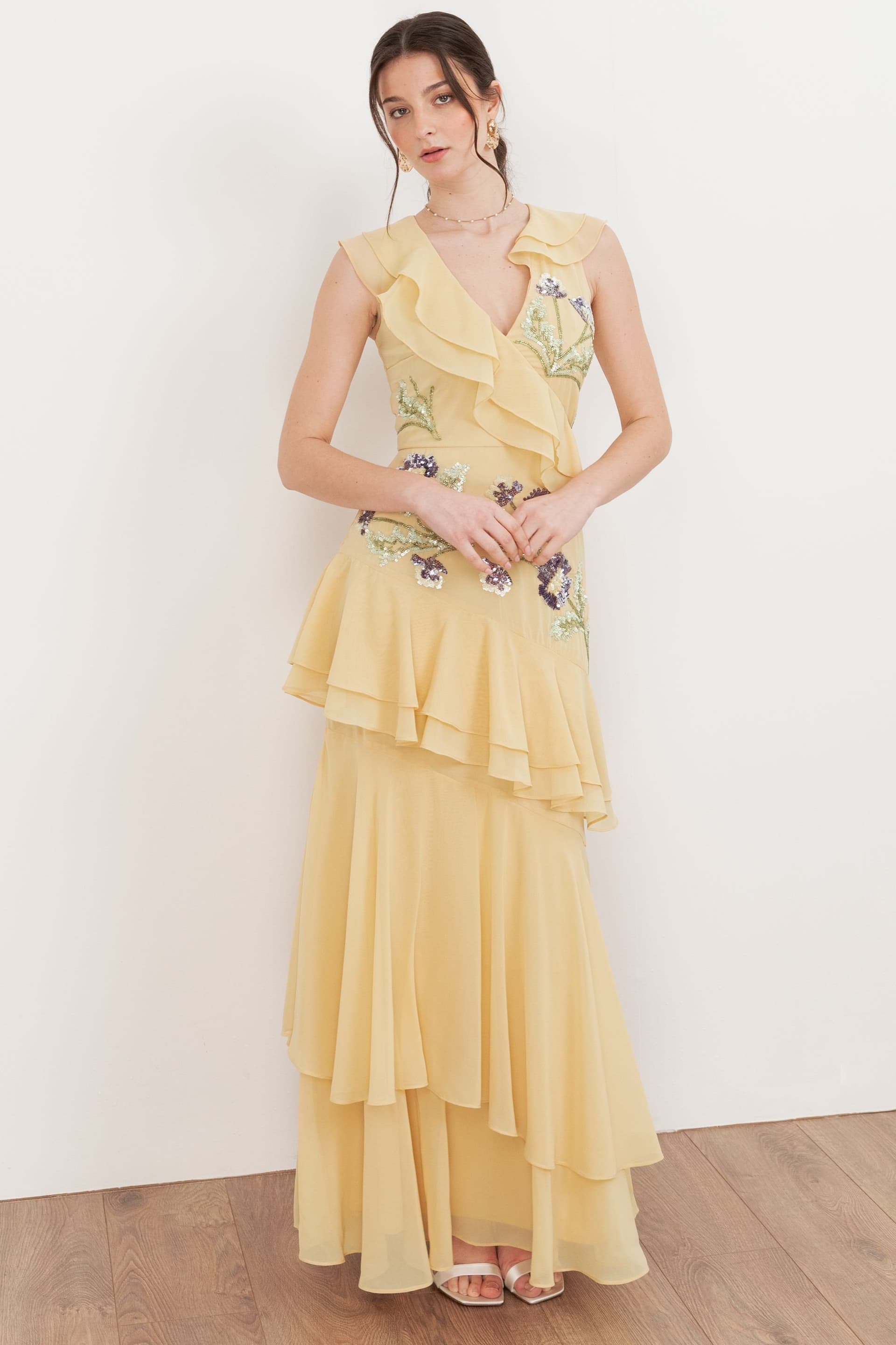 Maya Deluxe Maya Deluxe Women's Embellished Asymmetric Ruffle Maxi Dress in Yellow