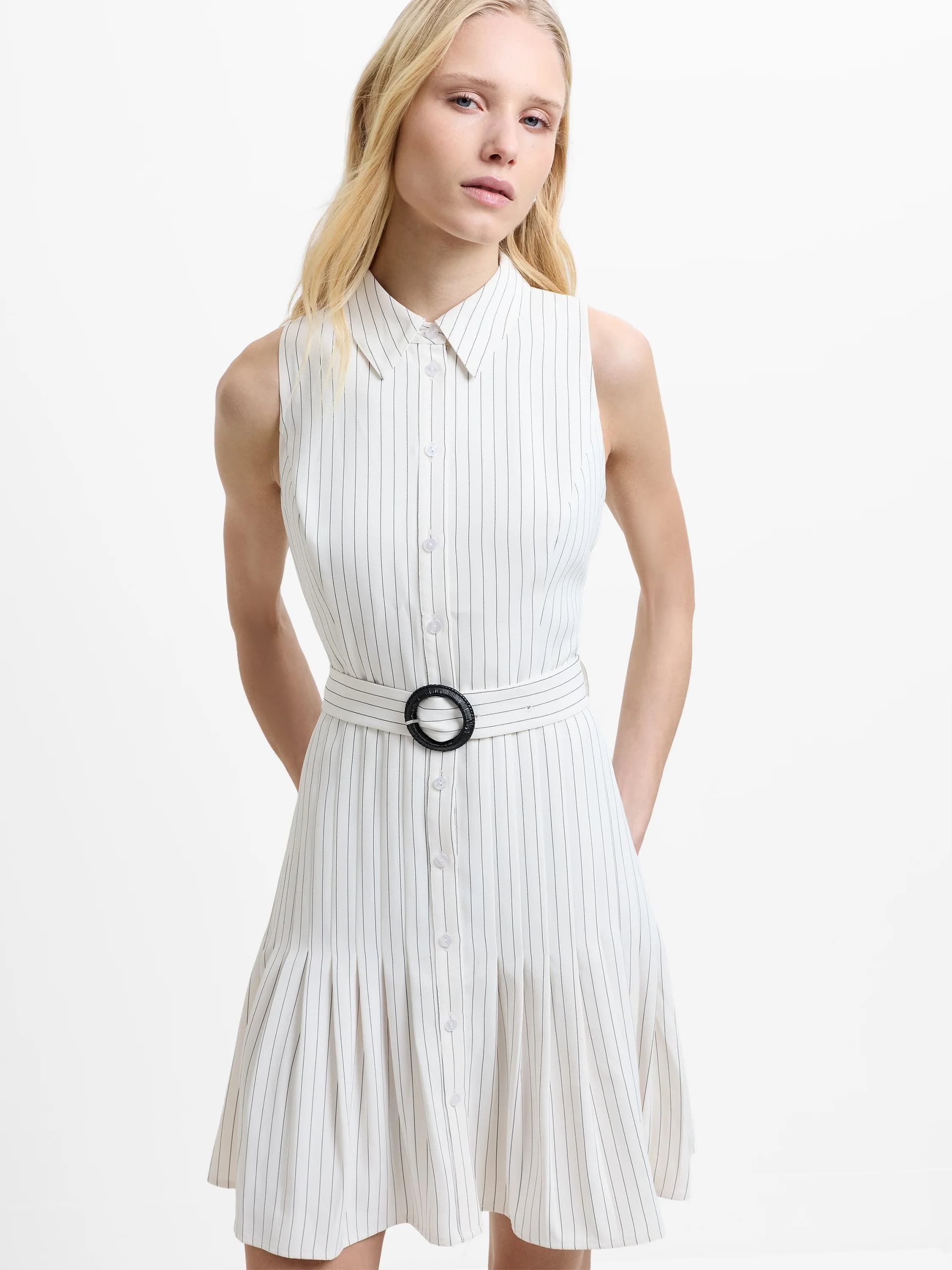 French Connection Vinnie Pinstripe Belted Mini Shirt Dress Porcelain Cream/Black