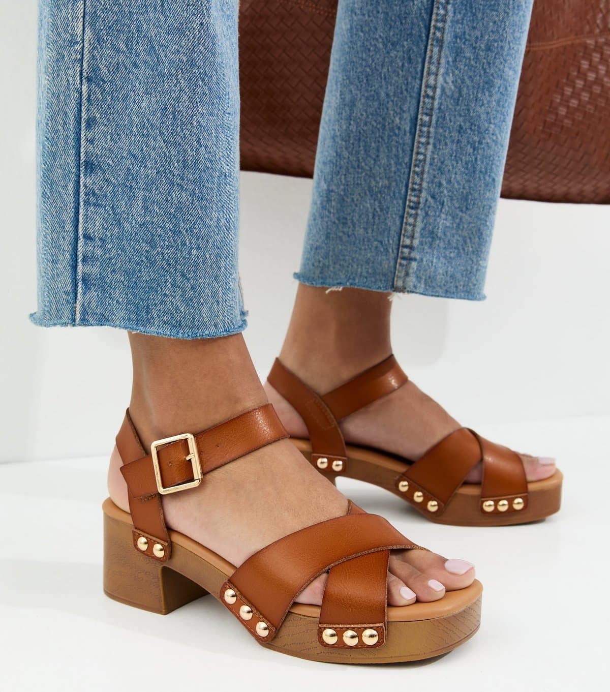 New Look Women's Tan Faux Leather Clog Block Heel Sandals Vegan New Look