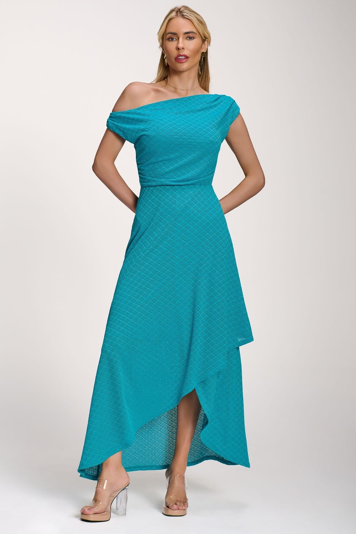 Jolie Moi Jolie Moi Women's Textured Asymmetric One Shoulder Maxi Dress in Blue - 4