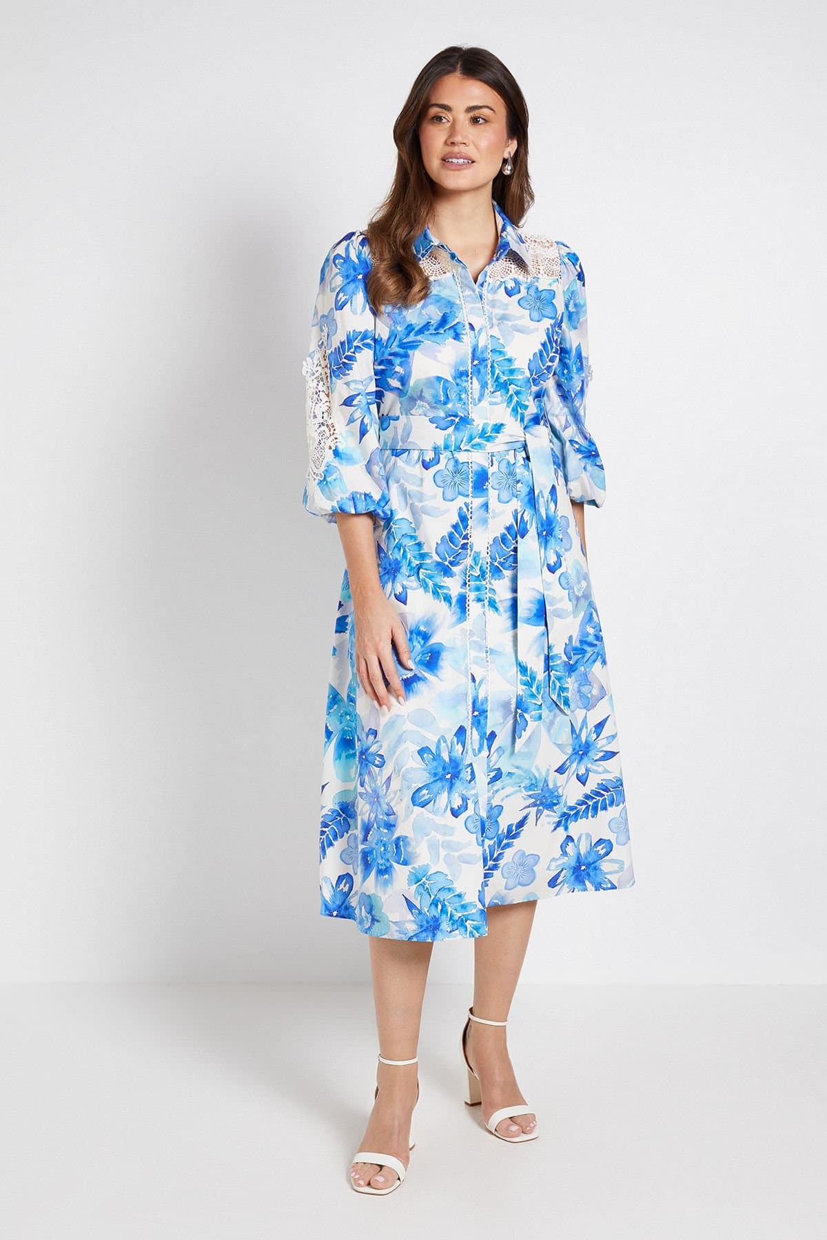 Wallis Wallis Women's Floral Cotton Cutwork Detail Shirt Dress in Blue