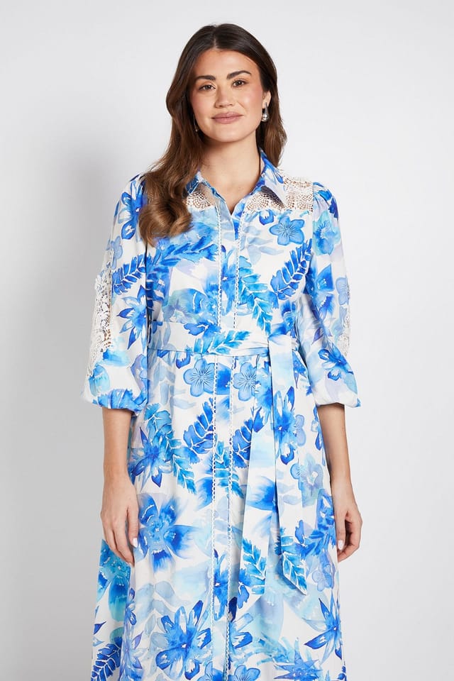 Wallis Wallis Women's Floral Cotton Cutwork Detail Shirt Dress in Blue - 2