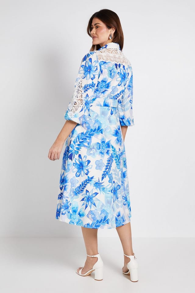 Wallis Wallis Women's Floral Cotton Cutwork Detail Shirt Dress in Blue - 3