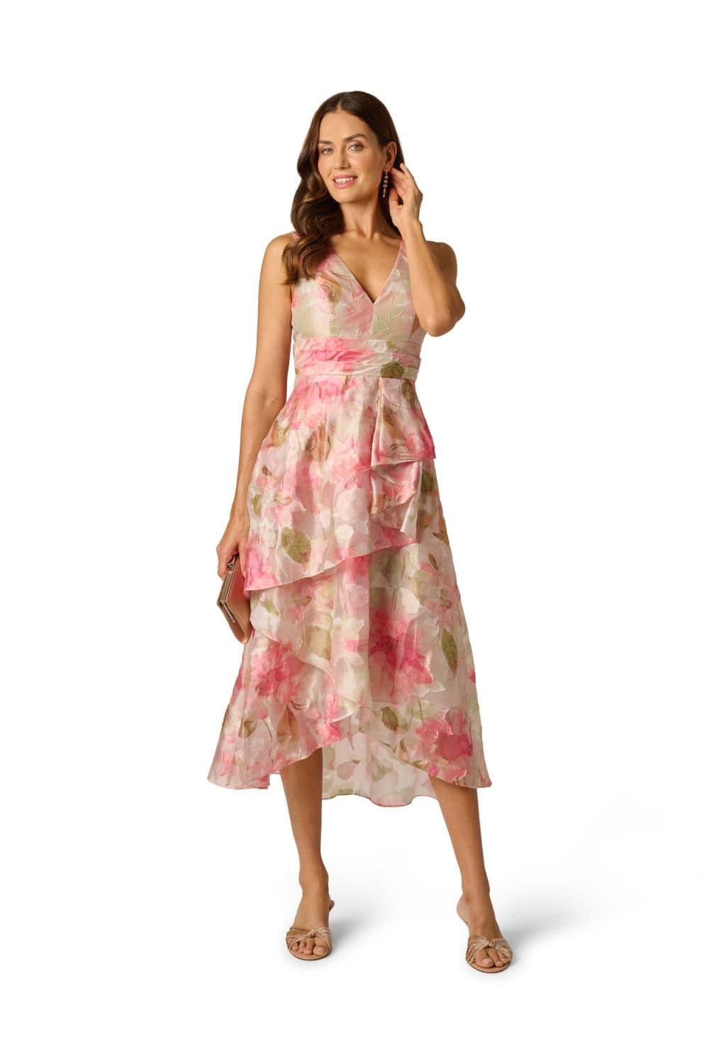 Adrianna Papell Adrianna Papell Women's Cascade Organza Midi Dress in Pale Pink